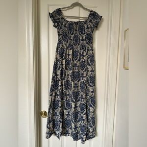 Boho Smocked Maxi Dress Blue, White, Tan Tribal On or Off Shoulder XL BRAND NEW